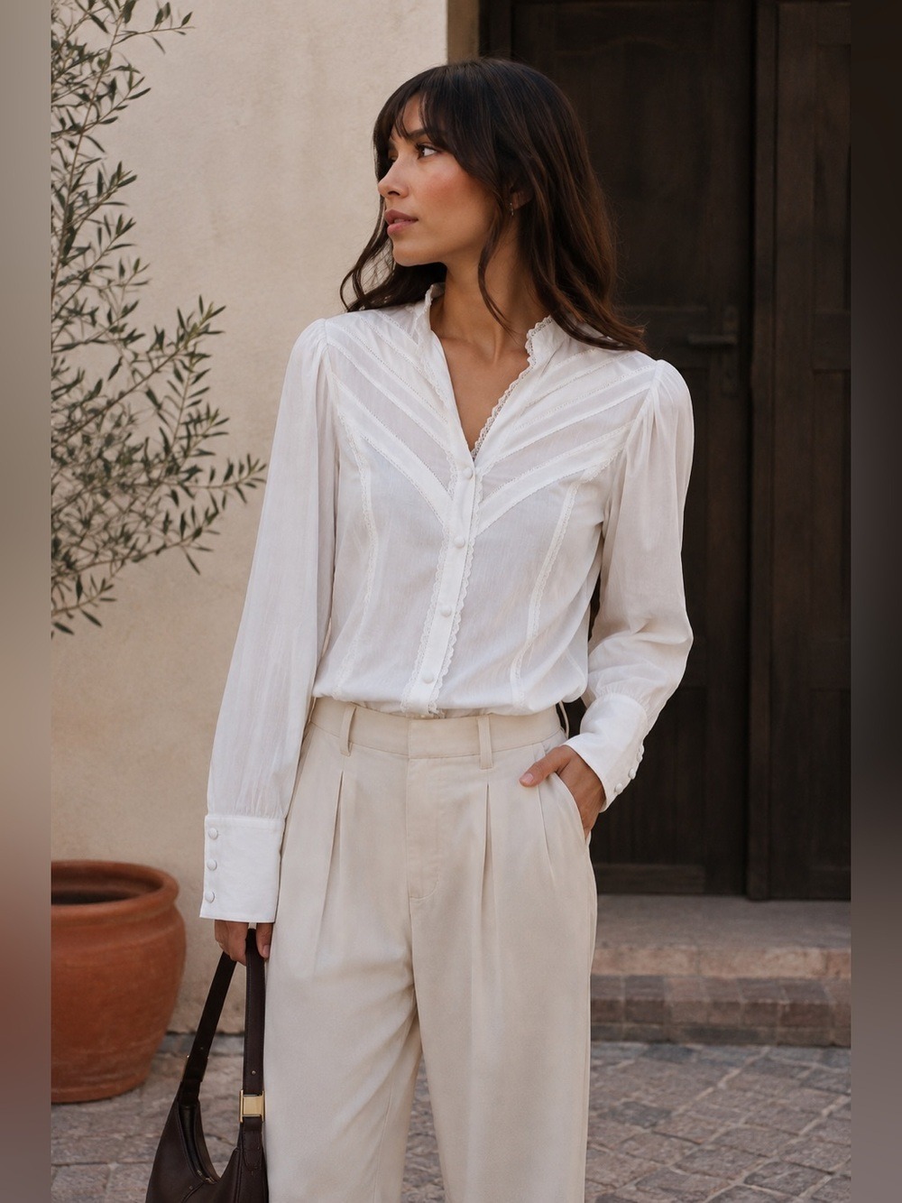 Y2K Ann Taylor LOFT Petites White Lace Ruffle Cotton Silk Blouse Romantic 4